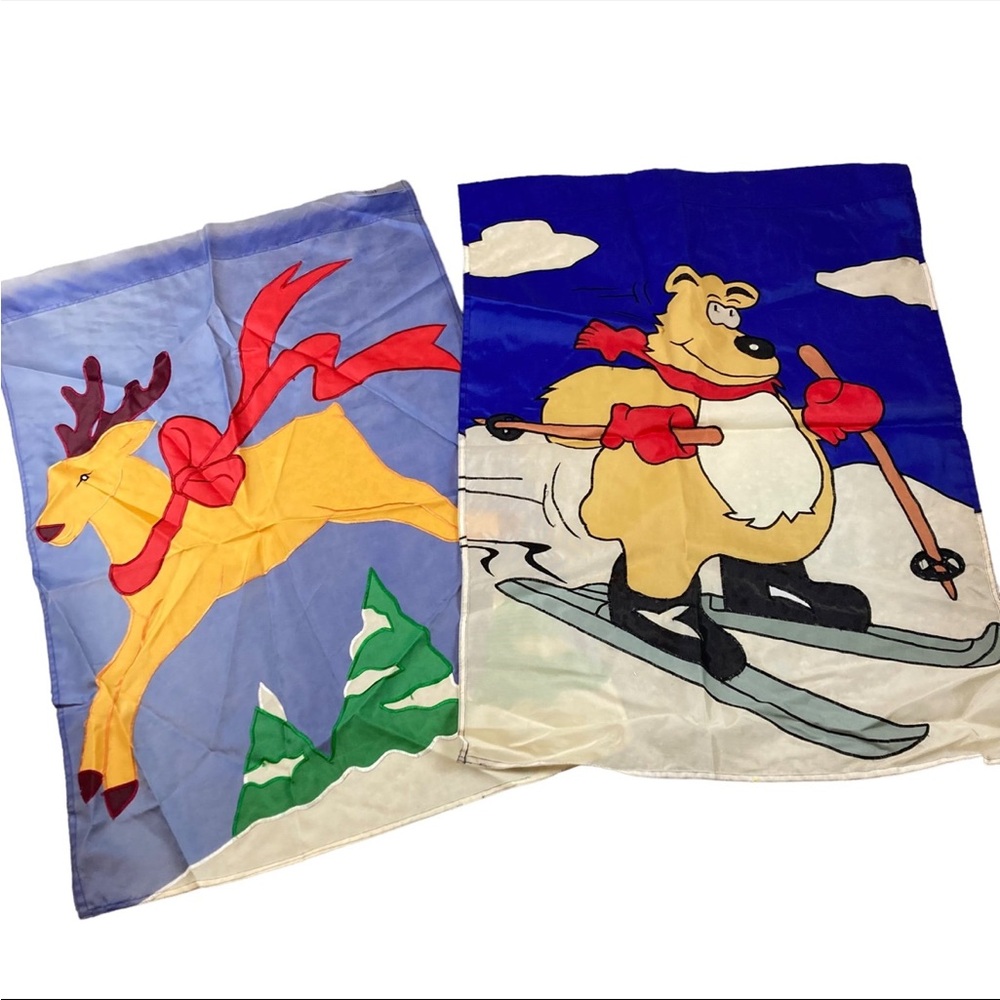 Vintage Large Garden Flags Winter Scenes Reindeer Skiing Bear